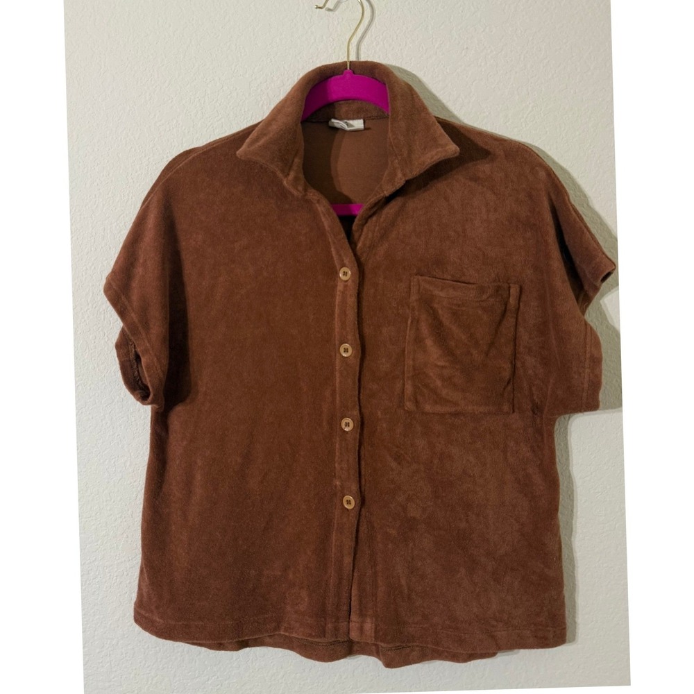 Stone Fox Wear Women's Brown Terry Cloth Button Down Short Sleeve Shirt S/M